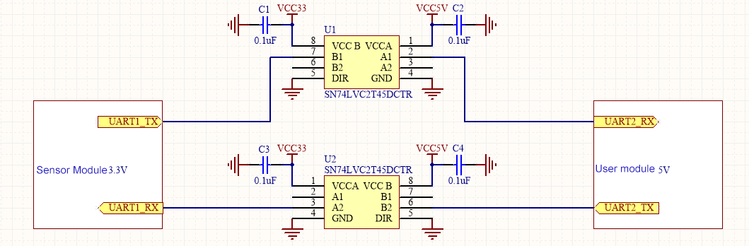 Bidirectional level shifter circuit using SN74LVC2T45DCTR for 3.3V to 5V voltage conversion Bidirectional level shifter circuit using SN74LVC2T45DCTR for 3.3V to 5V voltage conversion