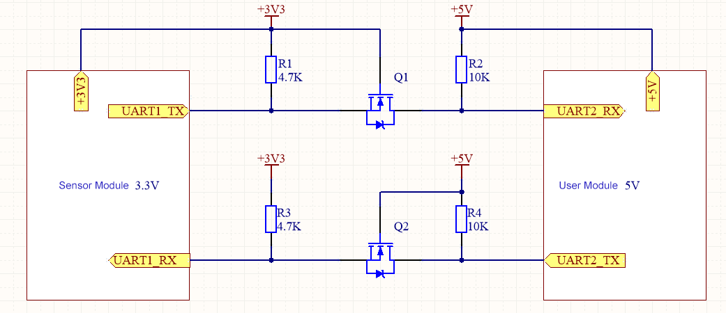MOSFET-based bidirectional level converter circuit for UART/SPI (3.3V to 5V) MOSFET-based bidirectional level converter circuit for UART/SPI (3.3V to 5V)