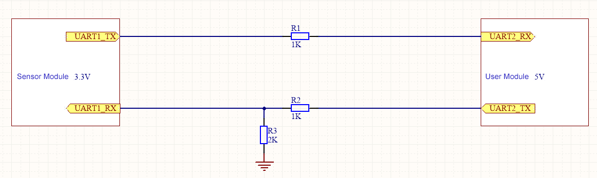 Simple resistor voltage divider circuit for 5V to 3.3V level conversion Simple resistor voltage divider circuit for 5V to 3.3V level conversion