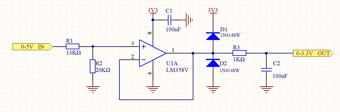 STM32 ADC voltage divider circuit with op-amp buffer and RC low-pass filter for 0-5V to 0-3.3V signal conditioning STM32 ADC voltage divider circuit with op-amp buffer and RC low-pass filter for 0-5V to 0-3.3V signal conditioning