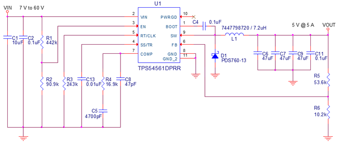 TPS54561DPRT circuit design example, soft-start capacitor C13 = 0.01uF marked diagram TPS54561DPRT circuit design example, soft-start capacitor C13 = 0.01uF marked diagram